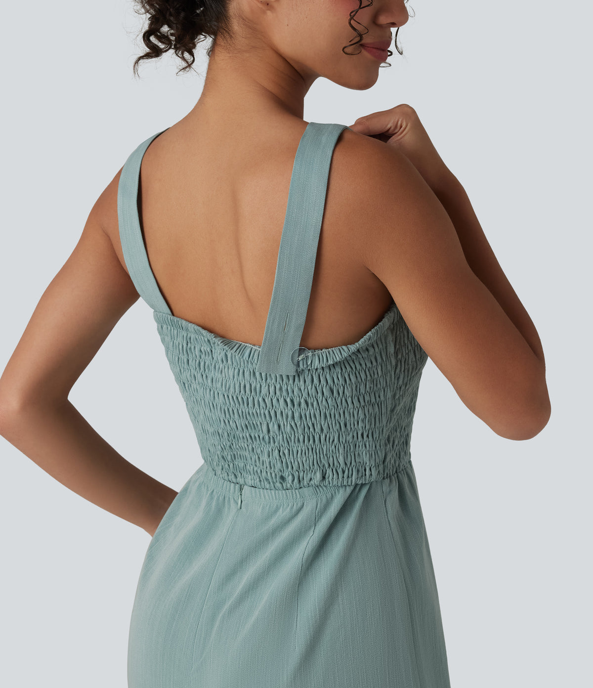 Square Neck Shirred Linen-Feel Jumpsuit-Edition — Silverwood Sage — view 6
