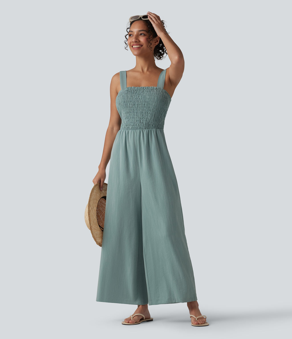 Square Neck Shirred Linen-Feel Jumpsuit-Edition — Silverwood Sage — view 8