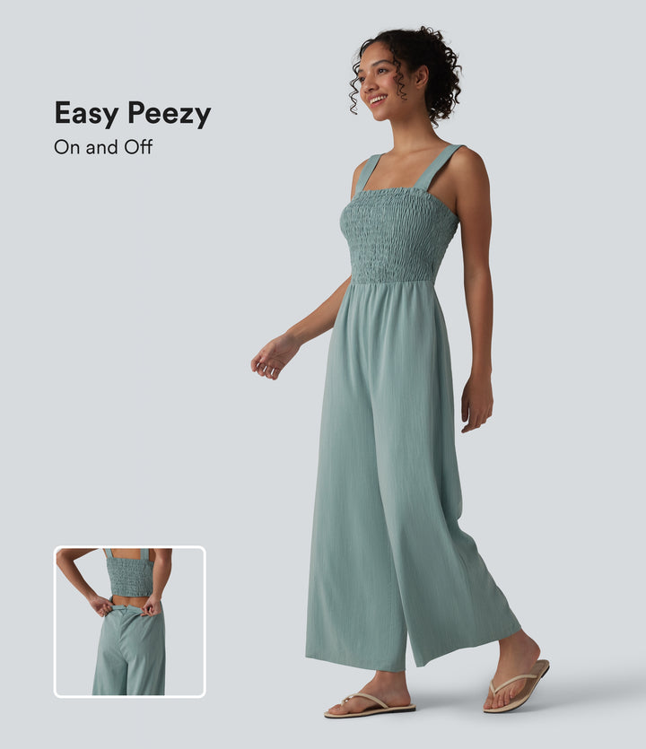 Square Neck Shirred Linen-Feel Jumpsuit-Edition — Silverwood Sage — view 1
