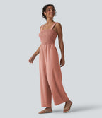 Square Neck Shirred Linen-Feel Jumpsuit-Edition — Terra Blush — view 9
