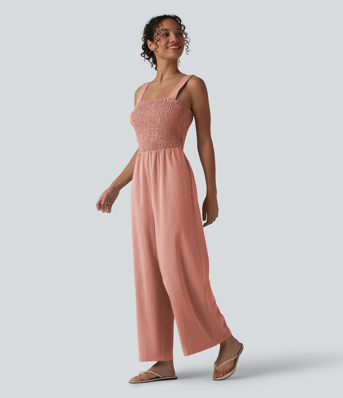 Square Neck Shirred Linen-Feel Jumpsuit-Edition — Terra Blush — view 9