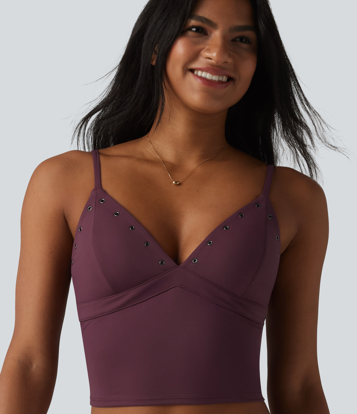Airy Adjustable Straps Eyelet Built-in Bra Cropped InstantCool Casual Tank Top — Fig — view 1