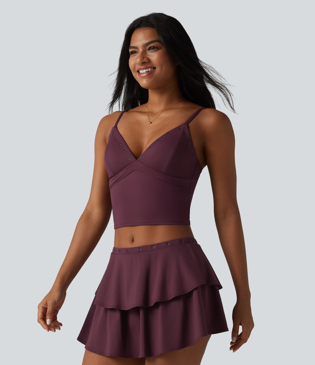 Airy Adjustable Straps Eyelet Built-in Bra Cropped InstantCool Casual Tank Top — Fig — view 3