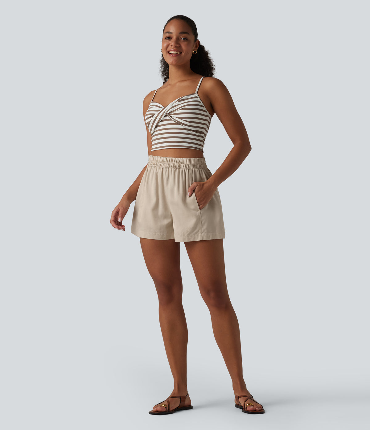 High Waisted Lyocell Linen-Blend Casual Baggy Shorts with Pockets — French Oak — view 6