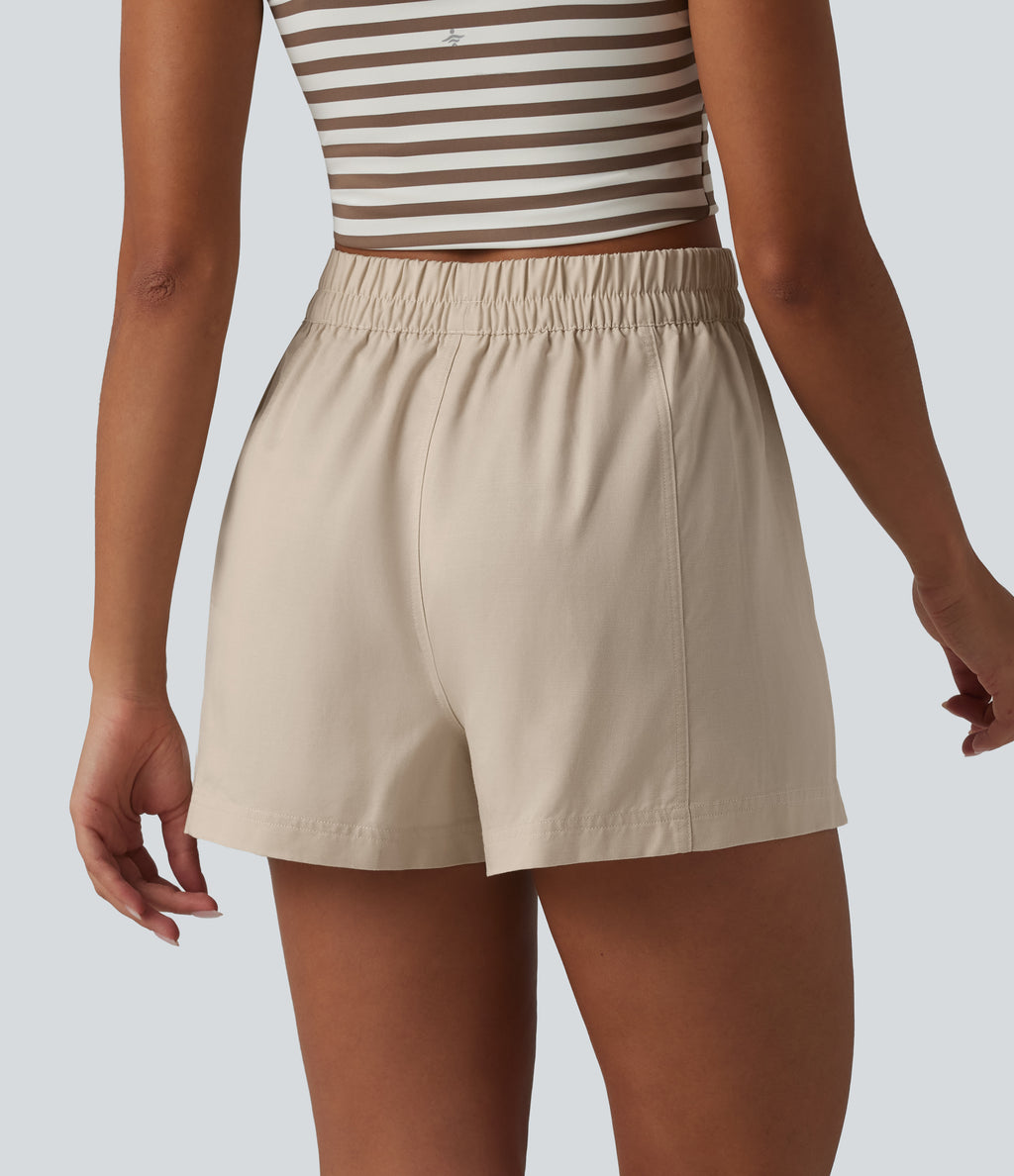 High Waisted Lyocell Linen-Blend Casual Baggy Shorts with Pockets — French Oak — view 2
