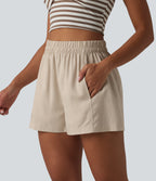 High Waisted Lyocell Linen-Blend Casual Baggy Shorts with Pockets — French Oak — view 3