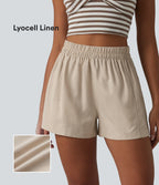 High Waisted Lyocell Linen-Blend Casual Baggy Shorts with Pockets — French Oak — view 1