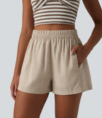 High Waisted Lyocell Linen-Blend Casual Baggy Shorts with Pockets — French Oak — view 4