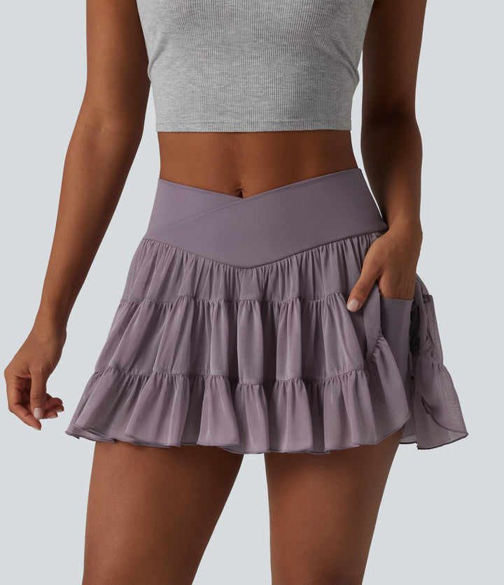 High Waisted Crossover Flowy 2-in-1 Mini Tennis Skirt with Pockets-Shorter Length — Lilac Blush — view 1