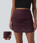High Waisted Ruched Curved Hem 2-in-1 Lace Mini Bodycon Bridesmaid And Wedding Guest Skirt — Fig — view 1