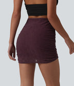 High Waisted Ruched Curved Hem 2-in-1 Lace Mini Bodycon Bridesmaid And Wedding Guest Skirt — Fig — view 2