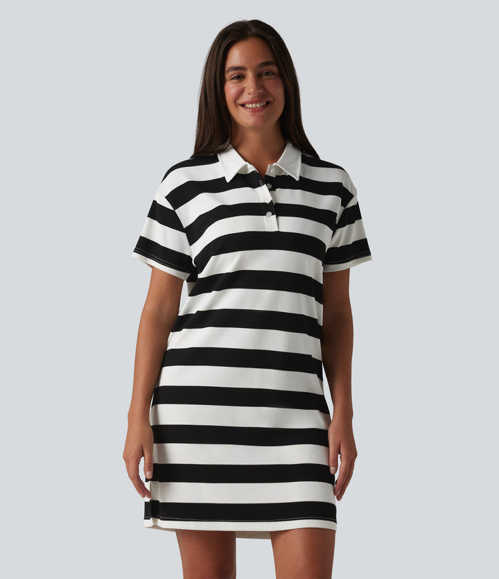 Polo Collar Short Sleeve Stripe Mini Casual Dress — Classic Mono Stripe — view 8
