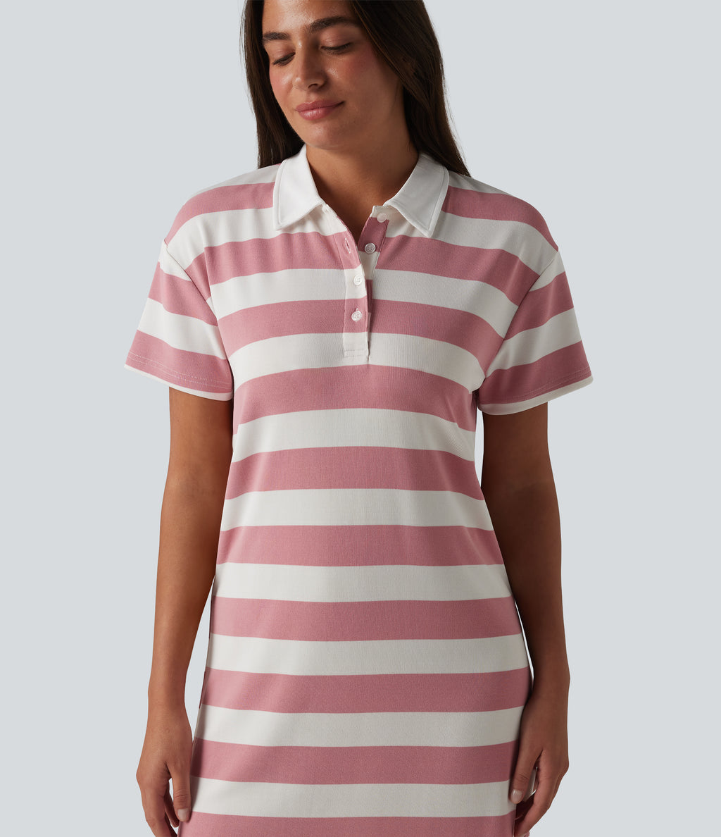 Polo Collar Short Sleeve Stripe Mini Casual Dress — Rosewater Stripe — view 4