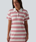 Polo Collar Short Sleeve Stripe Mini Casual Dress — Rosewater Stripe — view 4