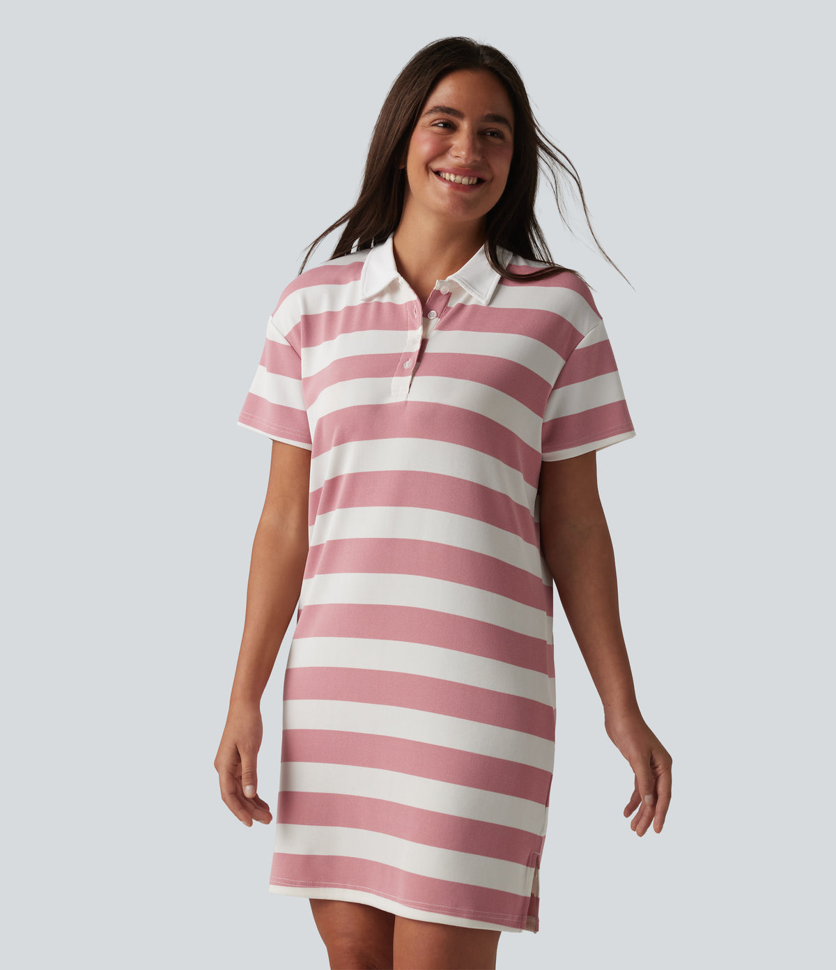 Polo Collar Short Sleeve Stripe Mini Casual Dress — Rosewater Stripe — view 3