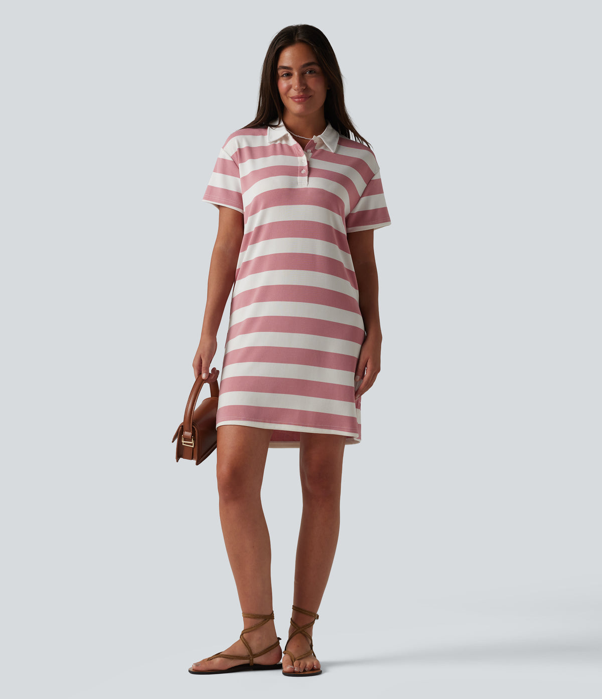 Polo Collar Short Sleeve Stripe Mini Casual Dress — Rosewater Stripe — view 6
