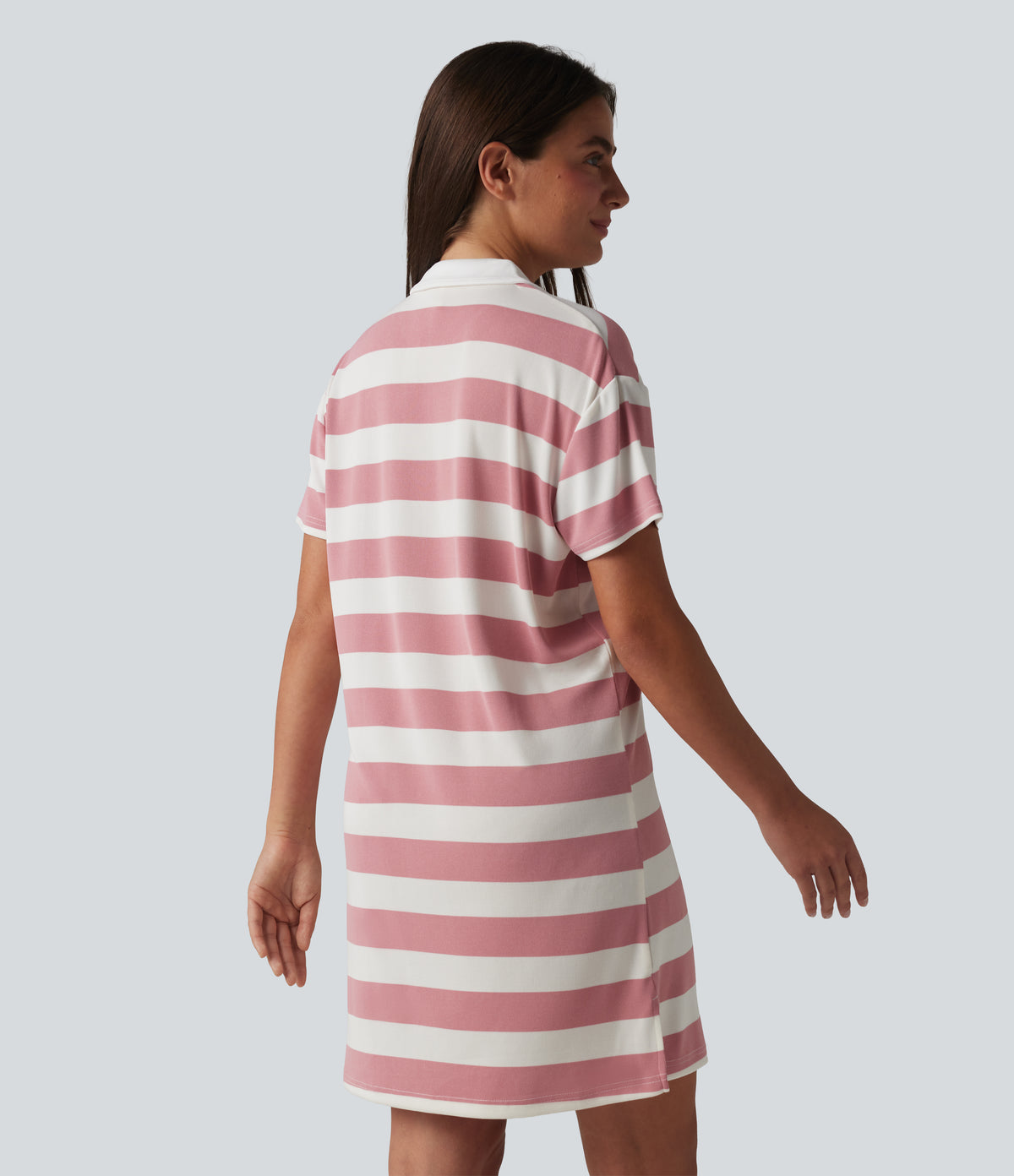 Polo Collar Short Sleeve Stripe Mini Casual Dress — Rosewater Stripe — view 2