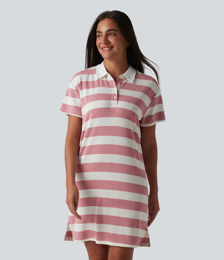 Polo Collar Short Sleeve Stripe Mini Casual Dress — Rosewater Stripe — view 1