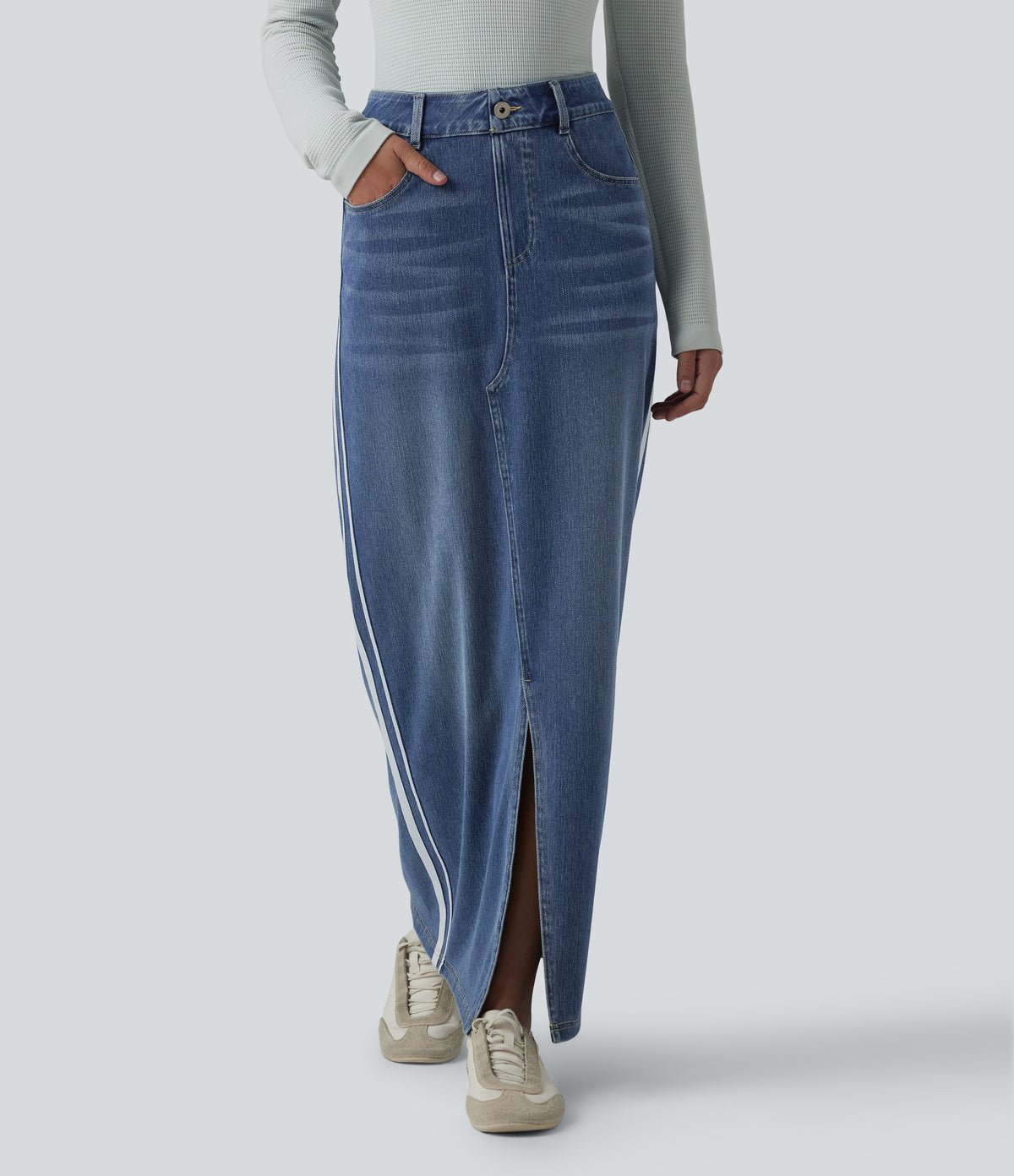 High Waisted Stripe Washed Denim Maxi Casual Skirt with Pockets — Blue Gray Denim — view 1