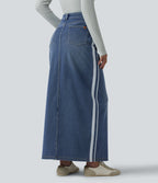 High Waisted Stripe Washed Denim Maxi Casual Skirt with Pockets — Blue Gray Denim — view 2