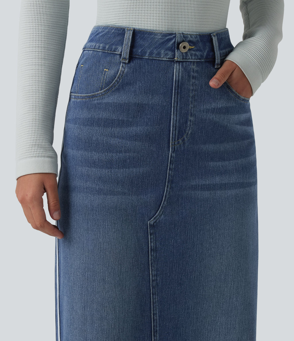 High Waisted Stripe Washed Denim Maxi Casual Skirt with Pockets — Blue Gray Denim — view 4