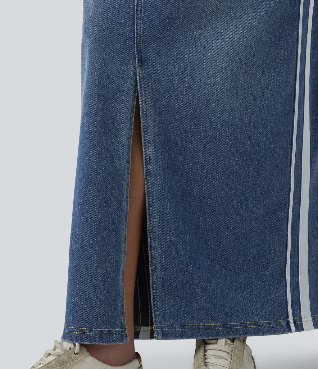 High Waisted Stripe Washed Denim Maxi Casual Skirt with Pockets — Blue Gray Denim — view 7