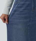 High Waisted Stripe Washed Denim Maxi Casual Skirt with Pockets — Blue Gray Denim — view 6