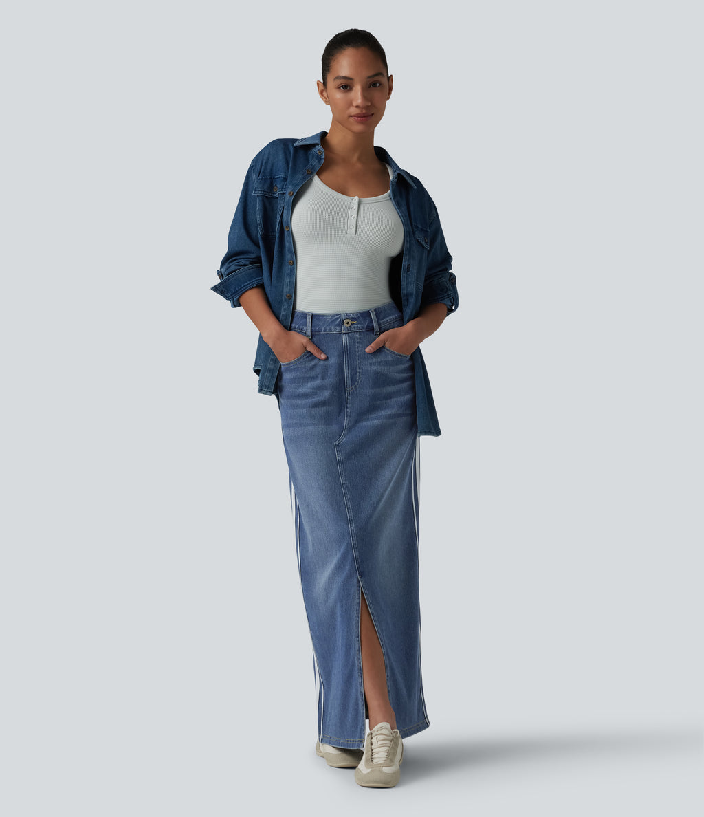 High Waisted Stripe Washed Denim Maxi Casual Skirt with Pockets — Blue Gray Denim — view 8