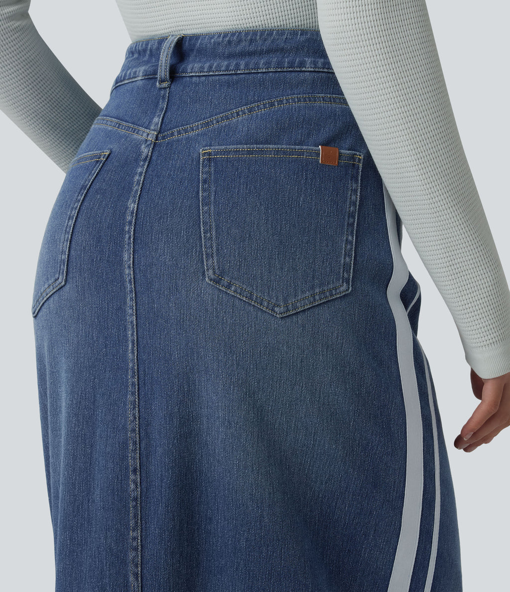 High Waisted Stripe Washed Denim Maxi Casual Skirt with Pockets — Blue Gray Denim — view 5