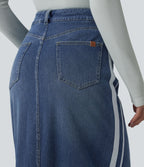 High Waisted Stripe Washed Denim Maxi Casual Skirt with Pockets — Blue Gray Denim — view 5