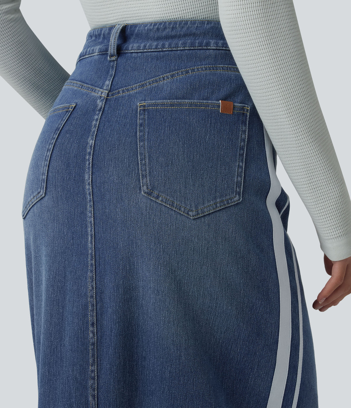 High Waisted Stripe Washed Denim Maxi Casual Skirt with Pockets — Blue Gray Denim — view 5