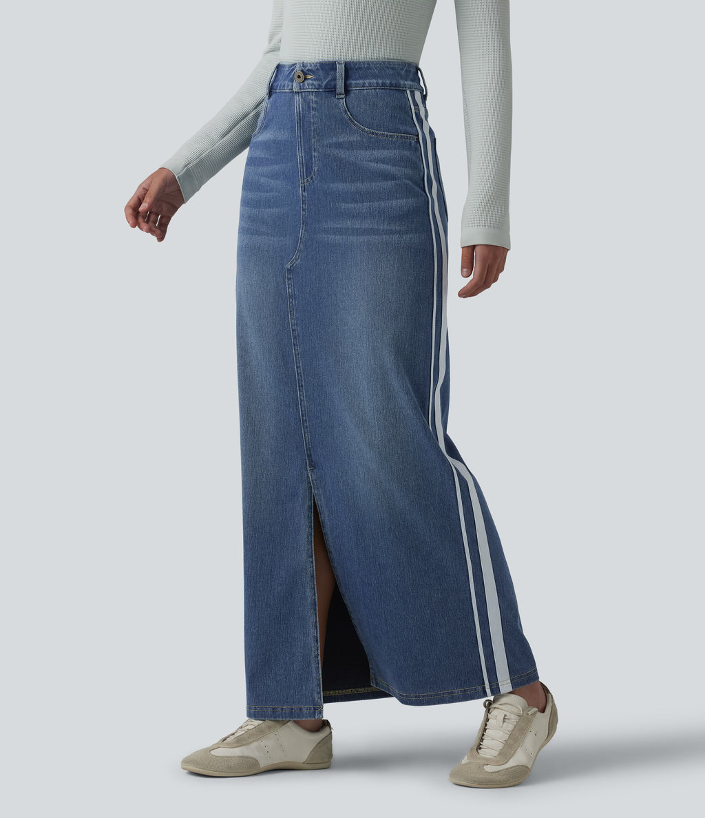 High Waisted Stripe Washed Denim Maxi Casual Skirt with Pockets — Blue Gray Denim — view 3