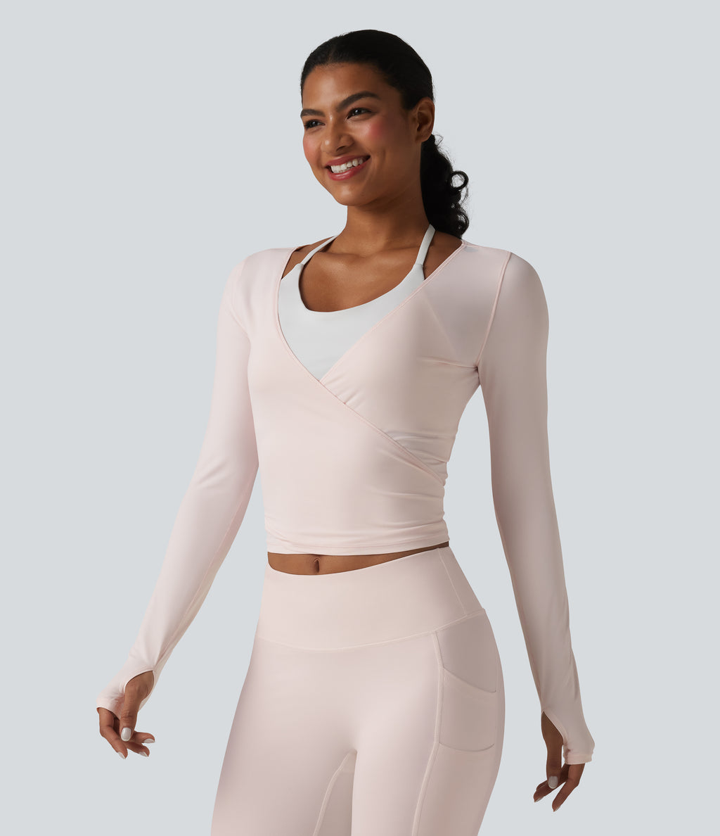 Long Sleeve Crossover Tie InstantCool Yoga Top-UPF50+ — Primrose Pink — view 3