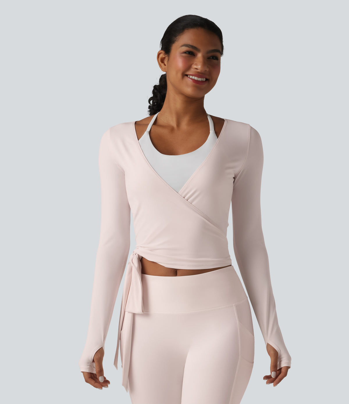 Long Sleeve Crossover Tie InstantCool Yoga Top-UPF50+ — Primrose Pink — view 7