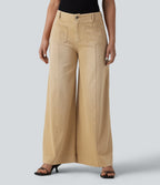 High Waisted Colorful Casual Wide Leg Jeans with Pockets — Shoal Beige Camel — view 1