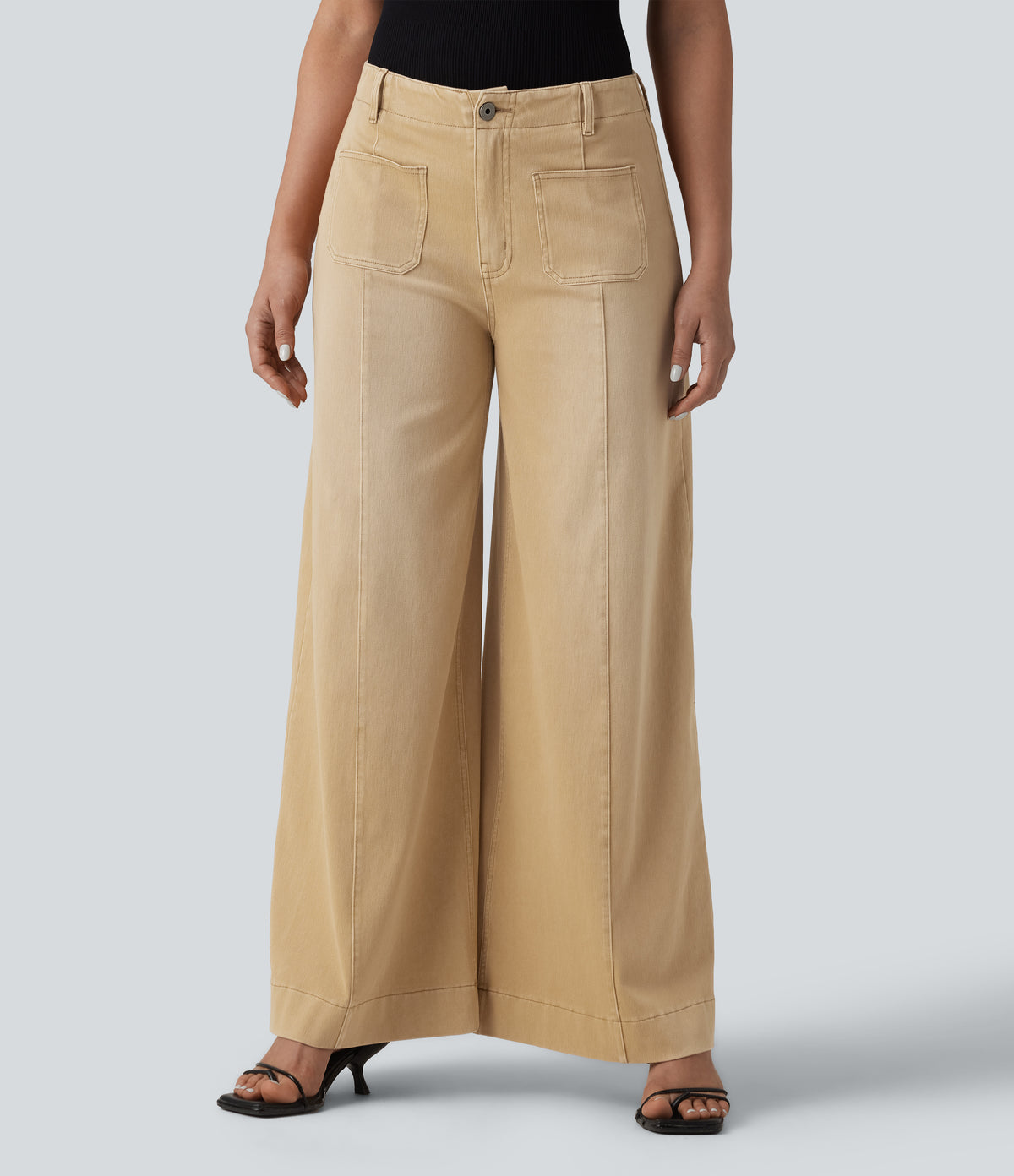High Waisted Colorful Casual Wide Leg Jeans with Pockets — Shoal Beige Camel — view 1