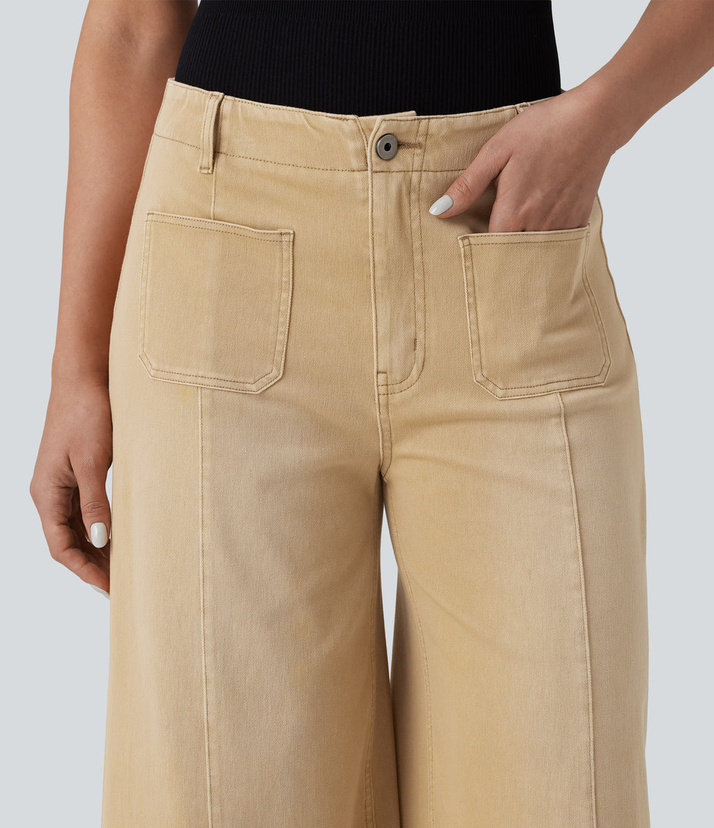 High Waisted Colorful Casual Wide Leg Jeans with Pockets — Shoal Beige Camel — view 4