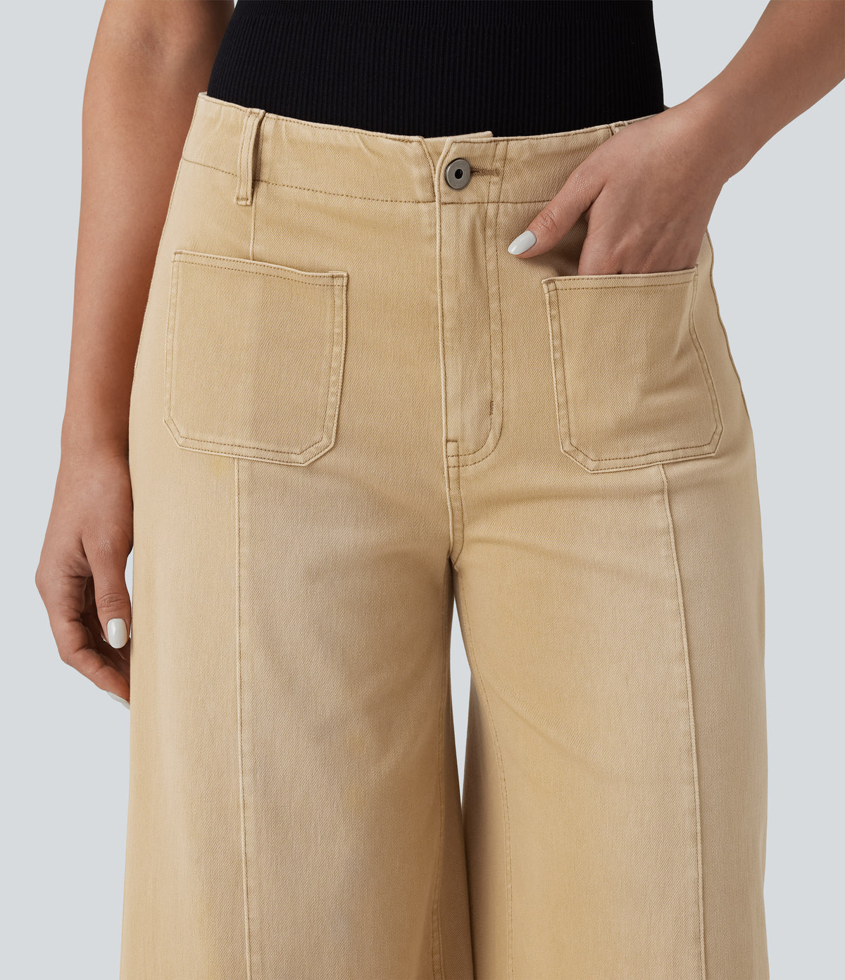 High Waisted Colorful Casual Wide Leg Jeans with Pockets — Shoal Beige Camel — view 4