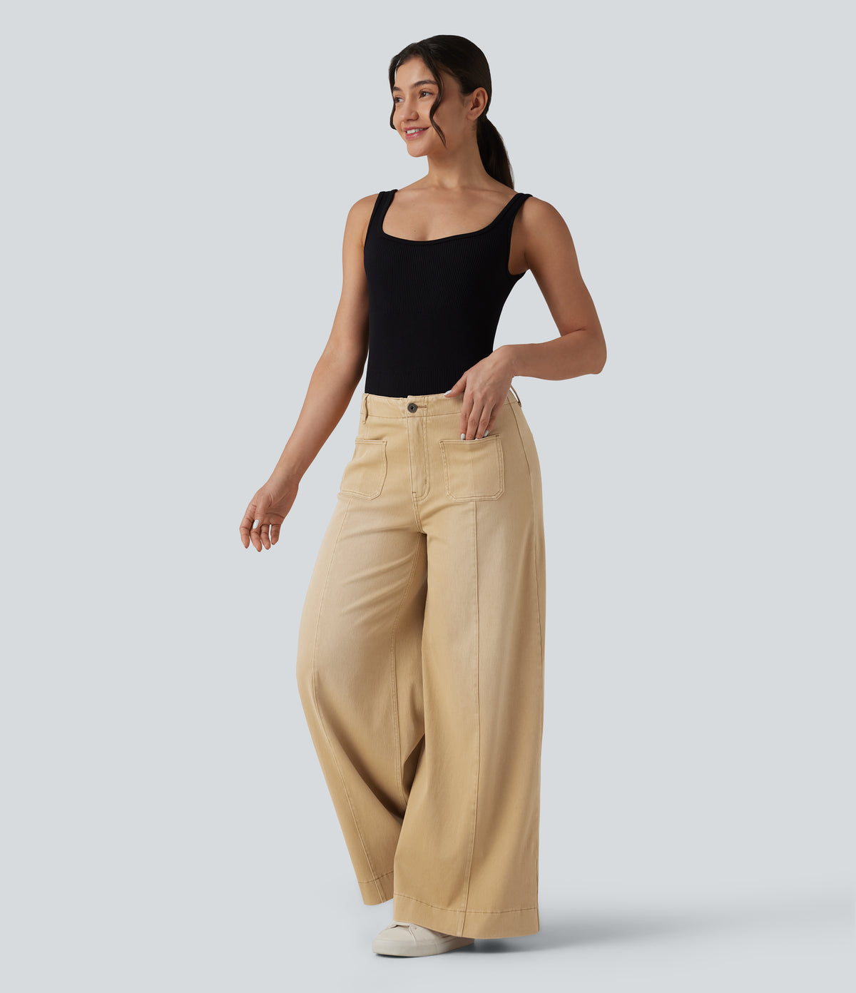 High Waisted Colorful Casual Wide Leg Jeans with Pockets — Shoal Beige Camel — view 6