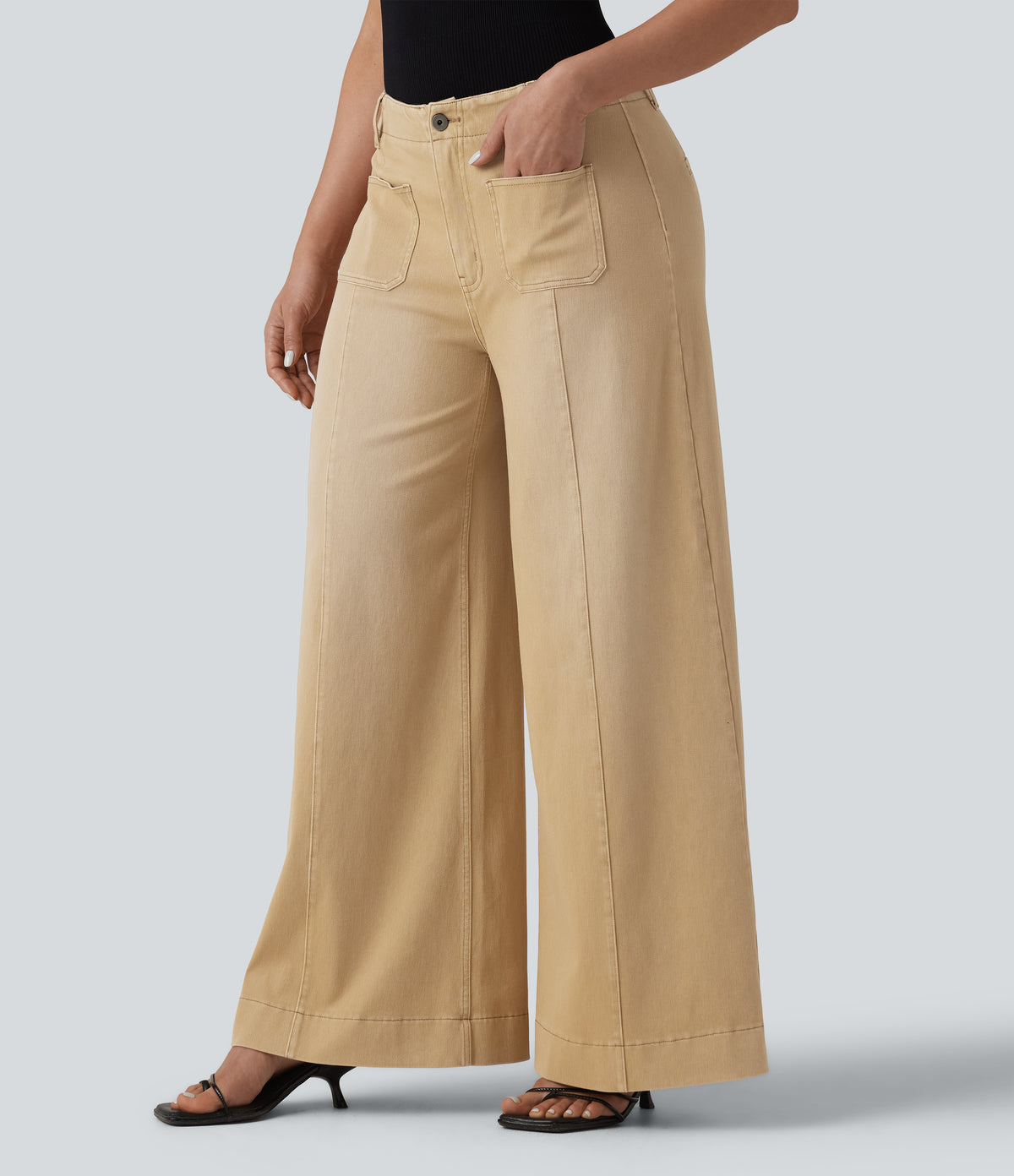 High Waisted Colorful Casual Wide Leg Jeans with Pockets — Shoal Beige Camel — view 3