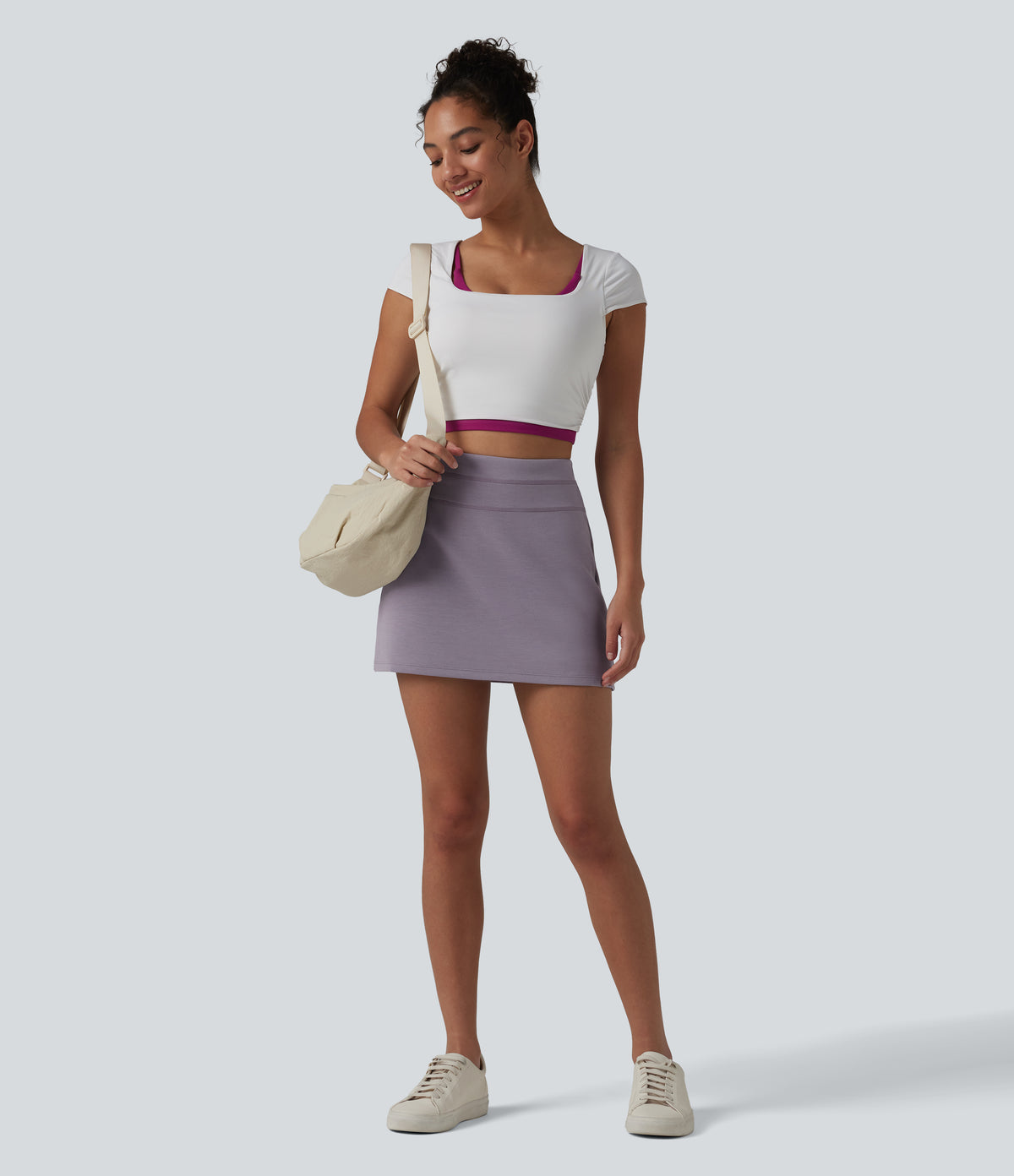 SpacerTek High Waisted Tummy Control 2-in-1 Mini Casual Skirt — Purple Ash — view 7