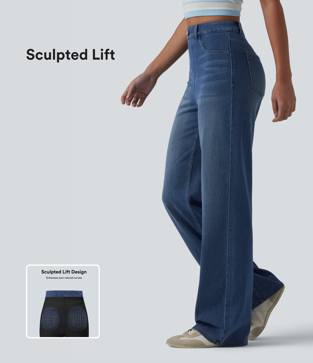 High Waisted Sculpted Lift Design Straight Leg Casual Jeans with Pockets — Tide Blue Denim — view 1