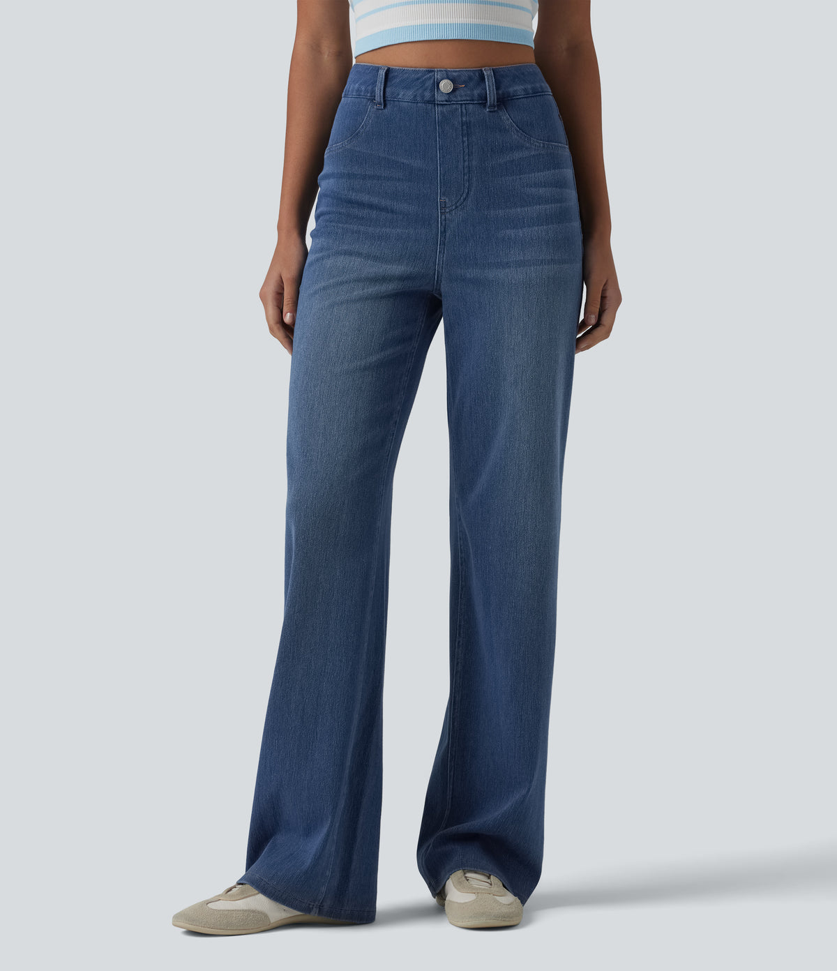High Waisted Sculpted Lift Design Straight Leg Casual Jeans with Pockets — Tide Blue Denim — view 3