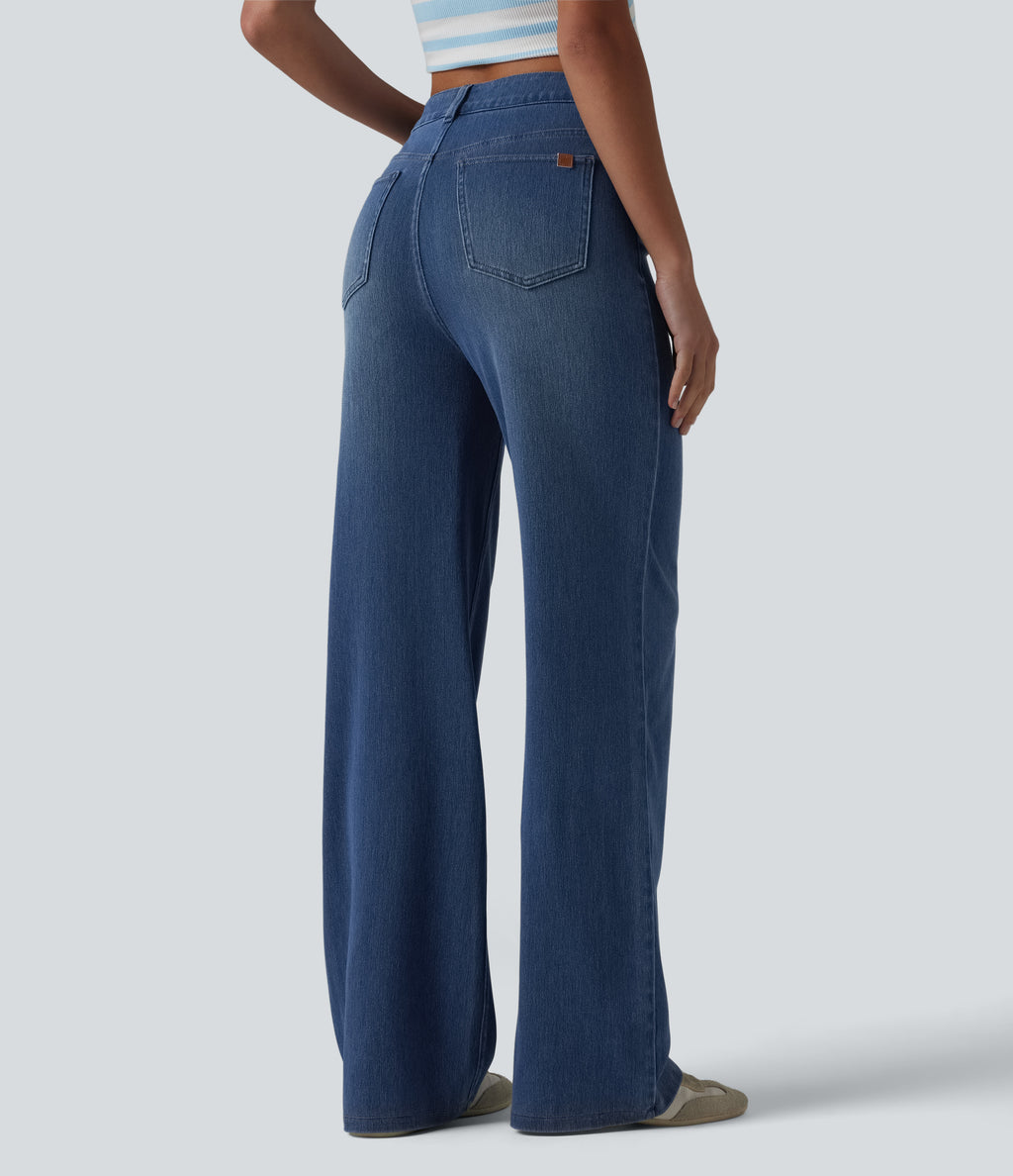 High Waisted Sculpted Lift Design Straight Leg Casual Jeans with Pockets — Tide Blue Denim — view 2
