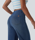 High Waisted Sculpted Lift Design Straight Leg Casual Jeans with Pockets — Tide Blue Denim — view 6