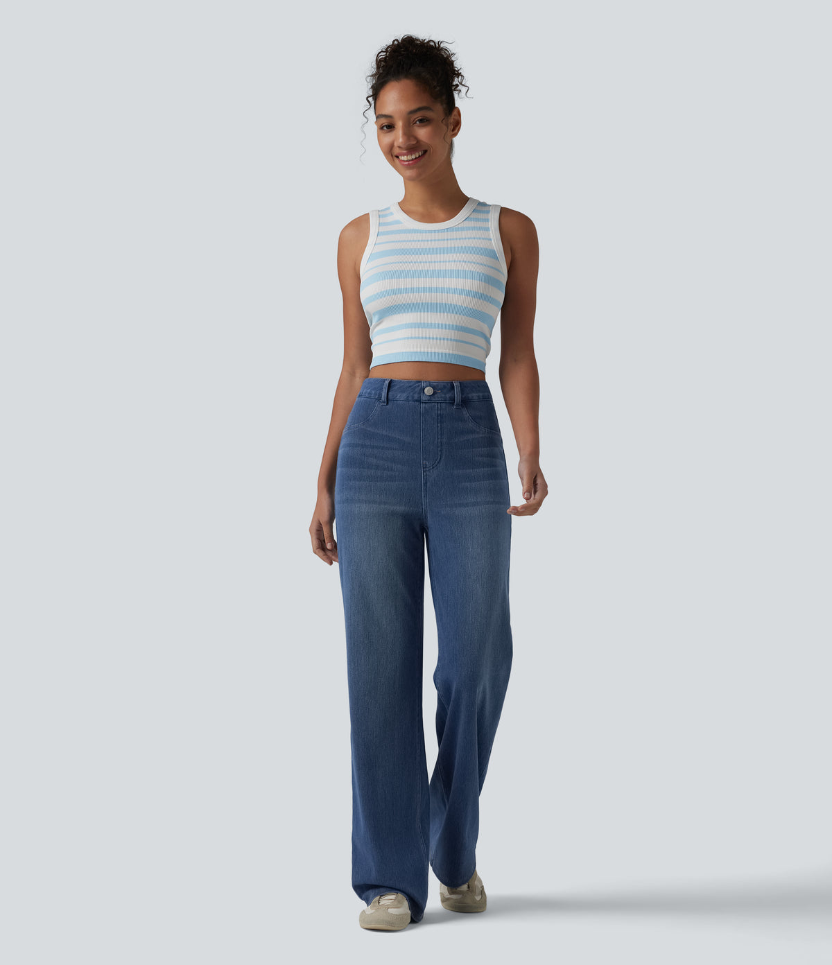 High Waisted Sculpted Lift Design Straight Leg Casual Jeans with Pockets — Tide Blue Denim — view 8