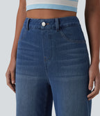 High Waisted Sculpted Lift Design Straight Leg Casual Jeans with Pockets — Tide Blue Denim — view 7