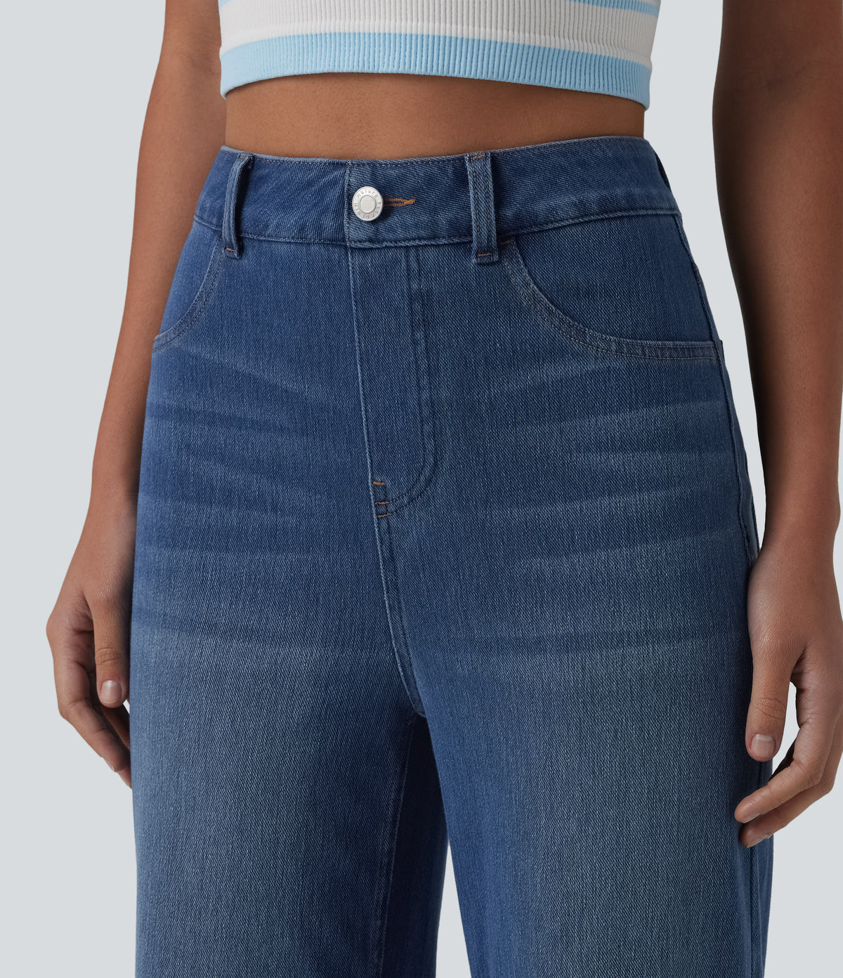 High Waisted Sculpted Lift Design Straight Leg Casual Jeans with Pockets — Tide Blue Denim — view 7