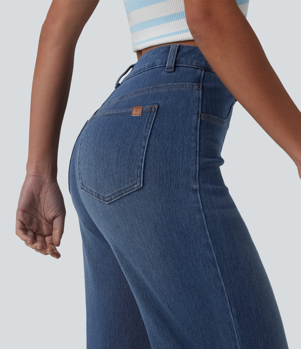 High Waisted Sculpted Lift Design Straight Leg Casual Jeans with Pockets — Tide Blue Denim — view 5