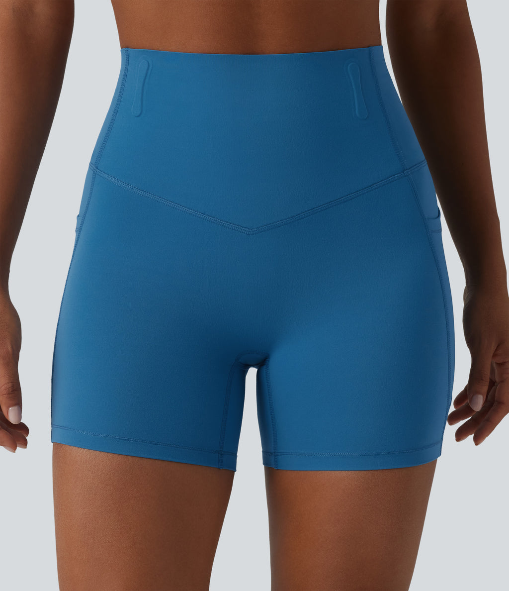 High Waisted Anti-Roll Tummy Control Shaping Workout Biker Shorts 5'' with Pockets — Vallarta Blue — view 8